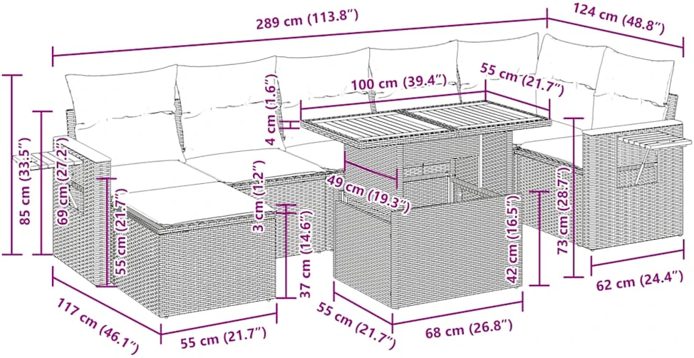 Lauko baldų komplektas Sodo komplektas su pagalvėlėmis, 8 dalių, poliratanas/akacija