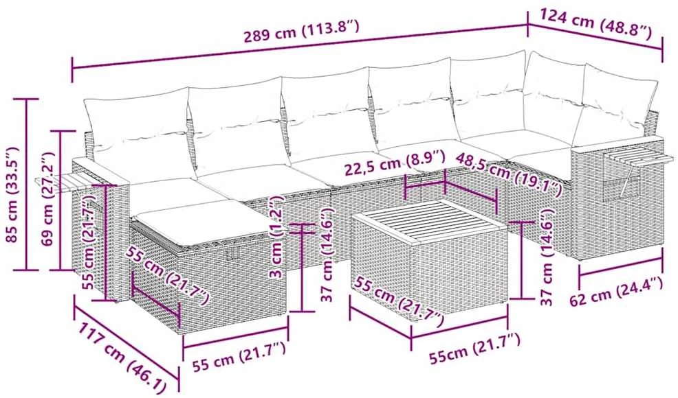 Lauko baldų komplektas Sodo komplektas su pagalvėlėmis, 8 dalių, pilkas, poliratanas