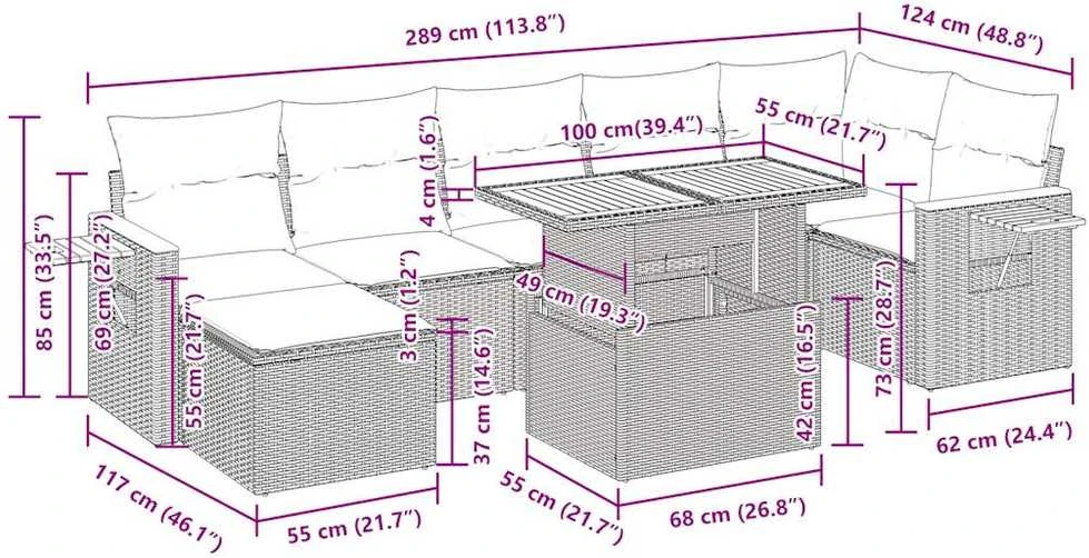 Lauko baldų komplektas Sodo komplektas su pagalvėlėmis, 8 dalių, poliratanas/akacija
