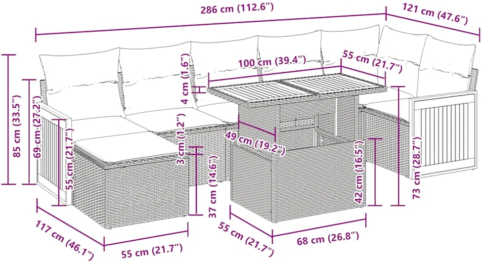 Sodo komplektas su pagalvėlėmis, 8 dalių, poliratanas/akacija