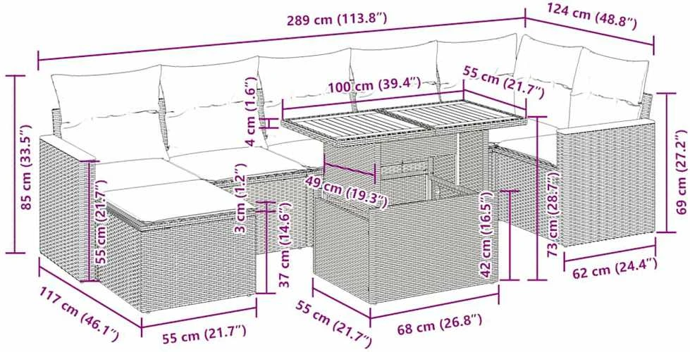Lauko baldų komplektas Sodo komplektas su pagalvėlėmis, 8 dalių, poliratanas/akacija