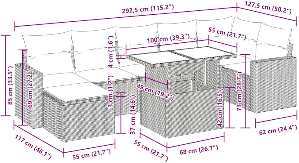 Sodo komplektas su pagalvėlėmis, 8 dalių, poliratanas/akacija