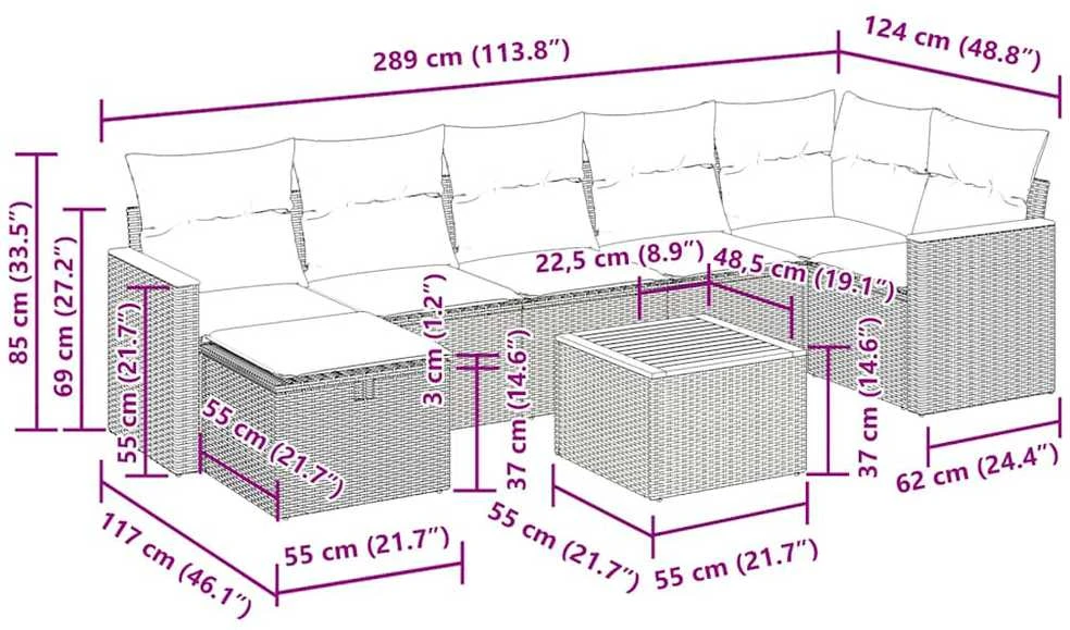 Lauko baldų komplektas Sodo komplektas su pagalvėlėmis, 8 dalių, pilkas, poliratanas