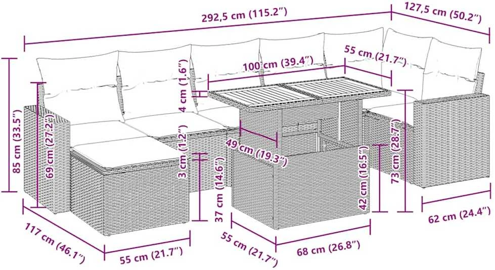 Lauko baldų komplektas Sodo komplektas su pagalvėlėmis, 8 dalių, pilkas, poliratanas
