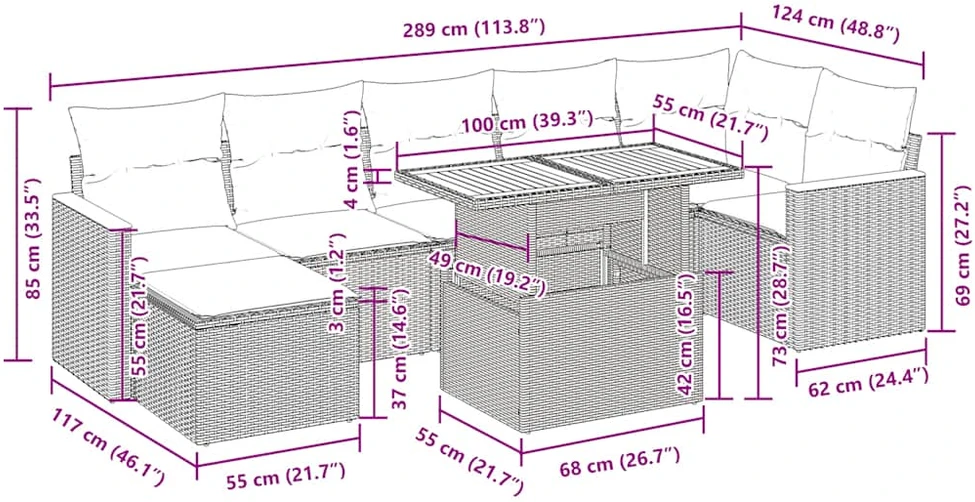 Sodo komplektas su pagalvėlėmis, 8 dalių, pilkas, poliratanas