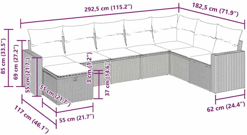 Lauko baldų komplektas Sodo komplektas su pagalvėlėmis, 8 dalių, pilkas, poliratanas