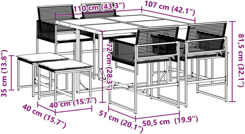 Lauko baldų komplektas Sodo komplektas su pagalvėlėmis, 9 dalių, juodas, poliratanas