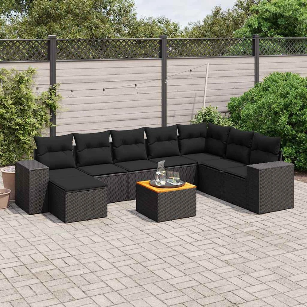Sofa Sodo komplektas su pagalvėlėmis, 9 dalių, juodas, poliratanas
