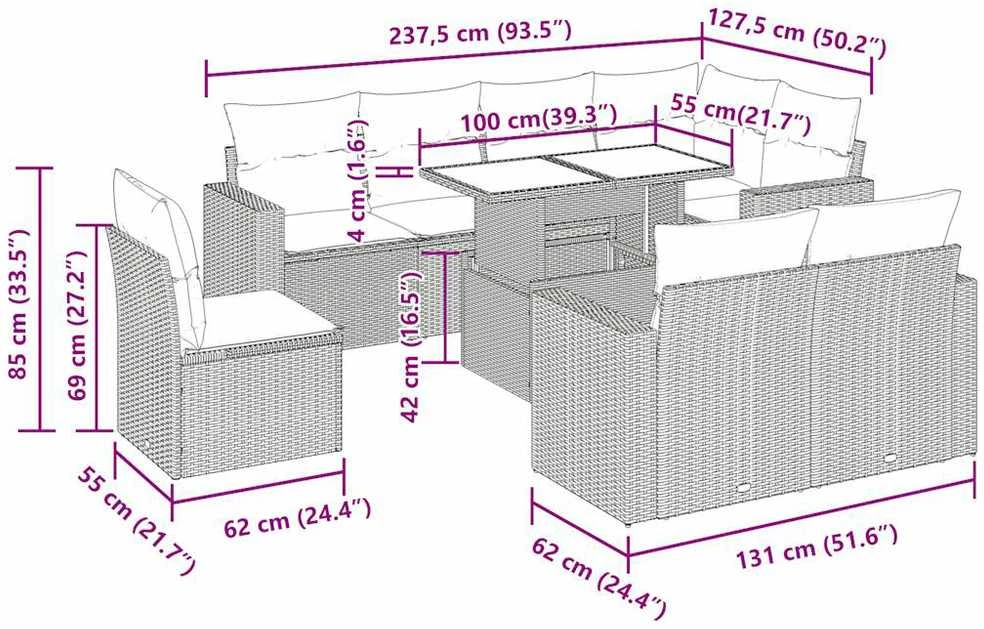 Lauko baldų komplektas Sodo komplektas su pagalvėlėmis, 9 dalių, rudas, poliratanas