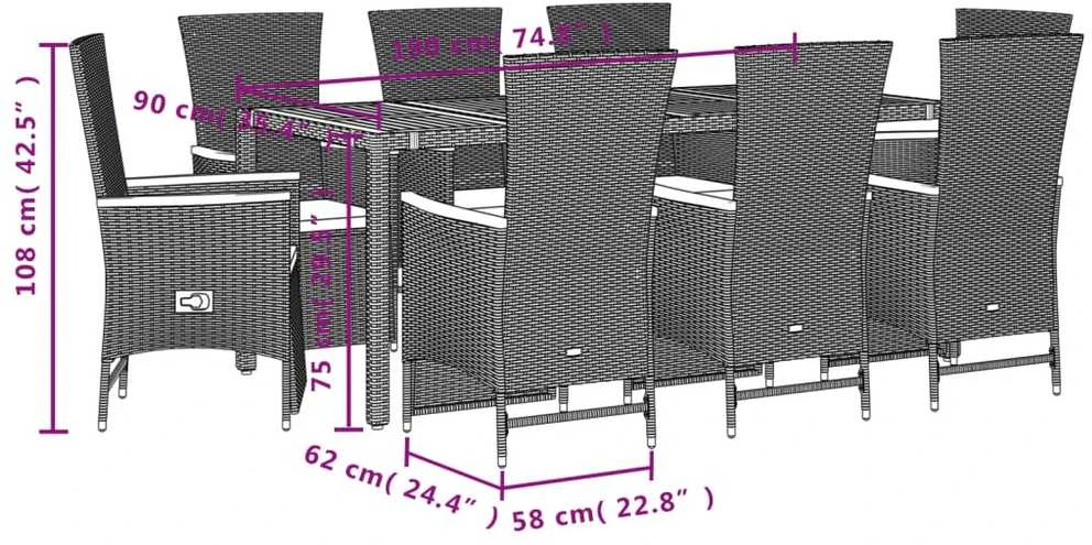 Lauko baldų komplektas Sodo komplektas su pagalvėlėmis, 9 dalių, juodas, poliratanas