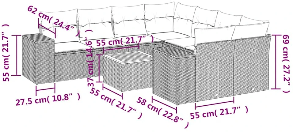 Sofa Sodo komplektas su pagalvėlėmis, 9 dalių, juodas, poliratanas