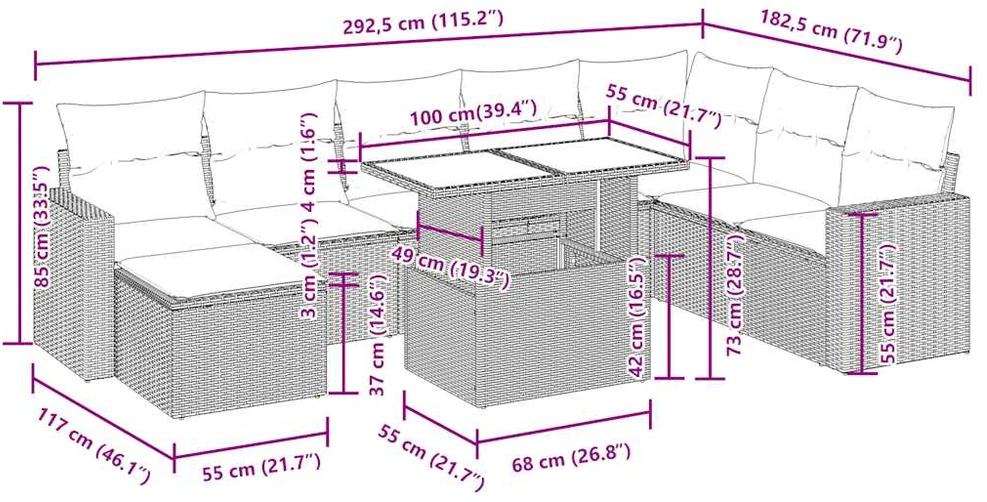 Lauko baldų komplektas Sodo komplektas su pagalvėlėmis, 9 dalių, rudas, poliratanas