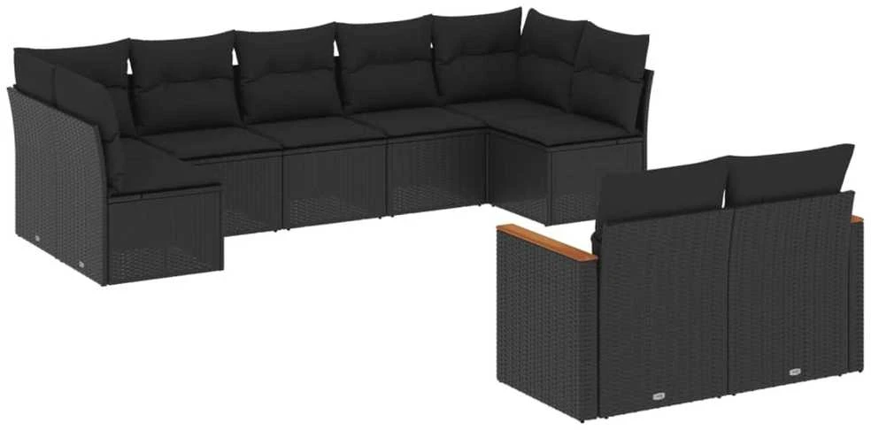 Lauko baldų komplektas Sodo komplektas su pagalvėlėmis, 9 dalių, juodas, poliratanas