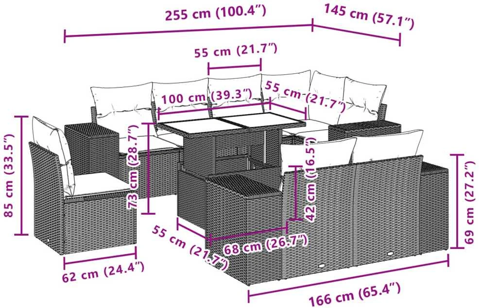 Lauko baldų komplektas Sodo komplektas su pagalvėlėmis, 9 dalių, juodas, poliratanas