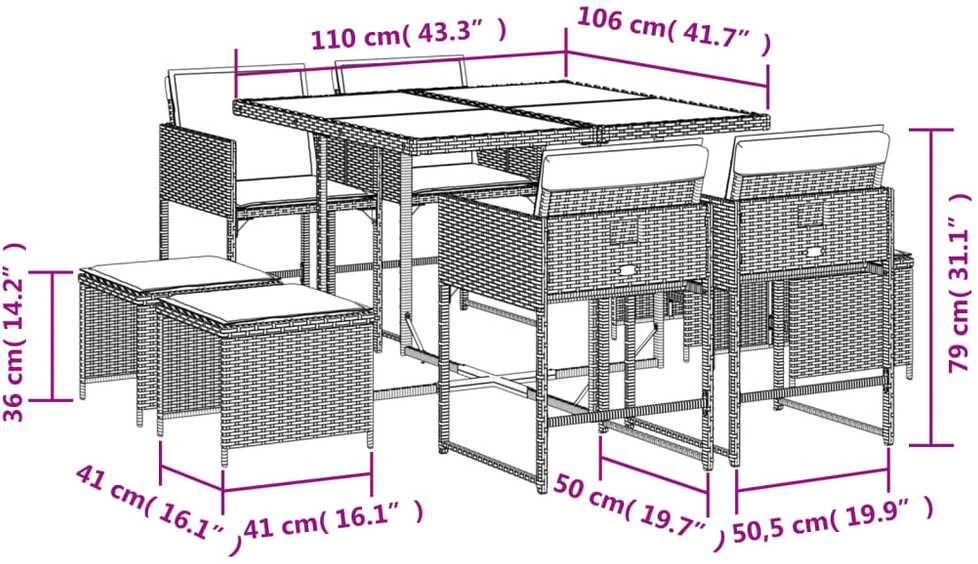 Lauko baldų komplektas Sodo komplektas su pagalvėlėmis, 9 dalių, rudas, poliratanas