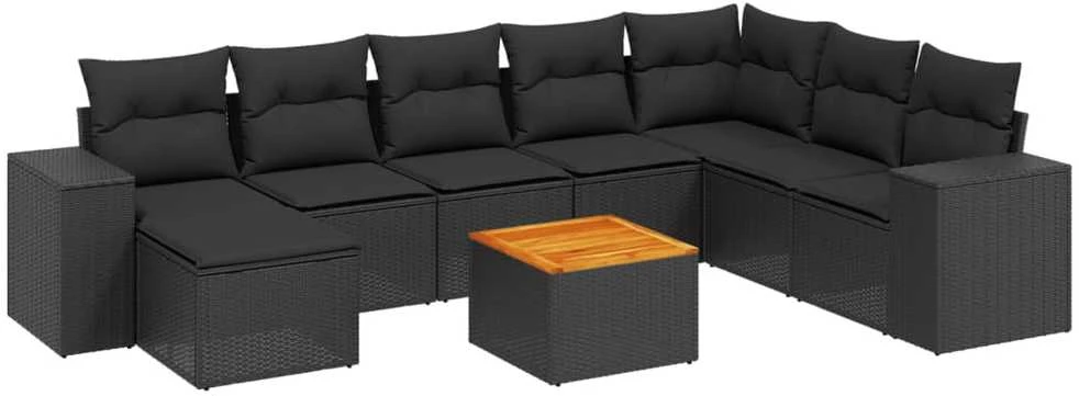 Sofa Sodo komplektas su pagalvėlėmis, 9 dalių, juodas, poliratanas