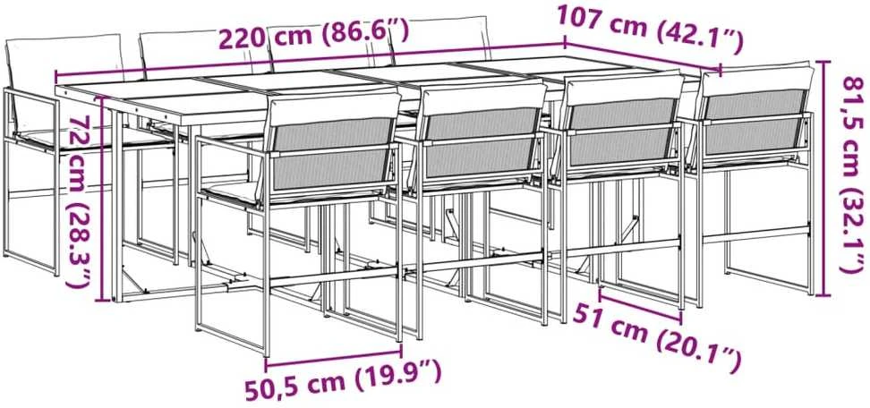 Lauko baldų komplektas Sodo komplektas su pagalvėlėmis, 9 dalių, juodas, tekstilenas