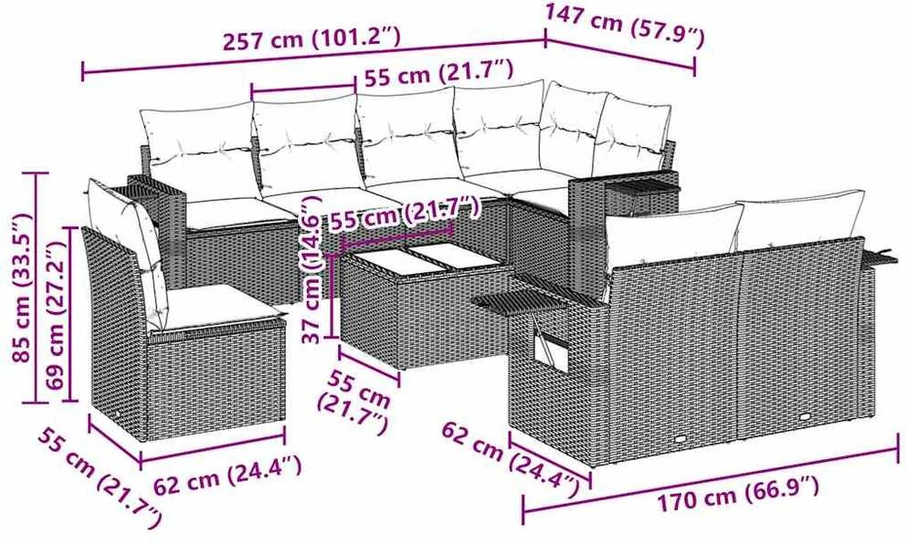 Lauko baldų komplektas Sodo komplektas su pagalvėlėmis, 9 dalių, juodas, poliratanas