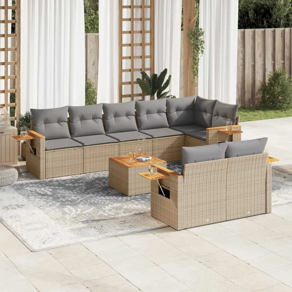 Sofa Sodo komplektas su pagalvėlėmis, 9 dalių, smėlio, poliratanas