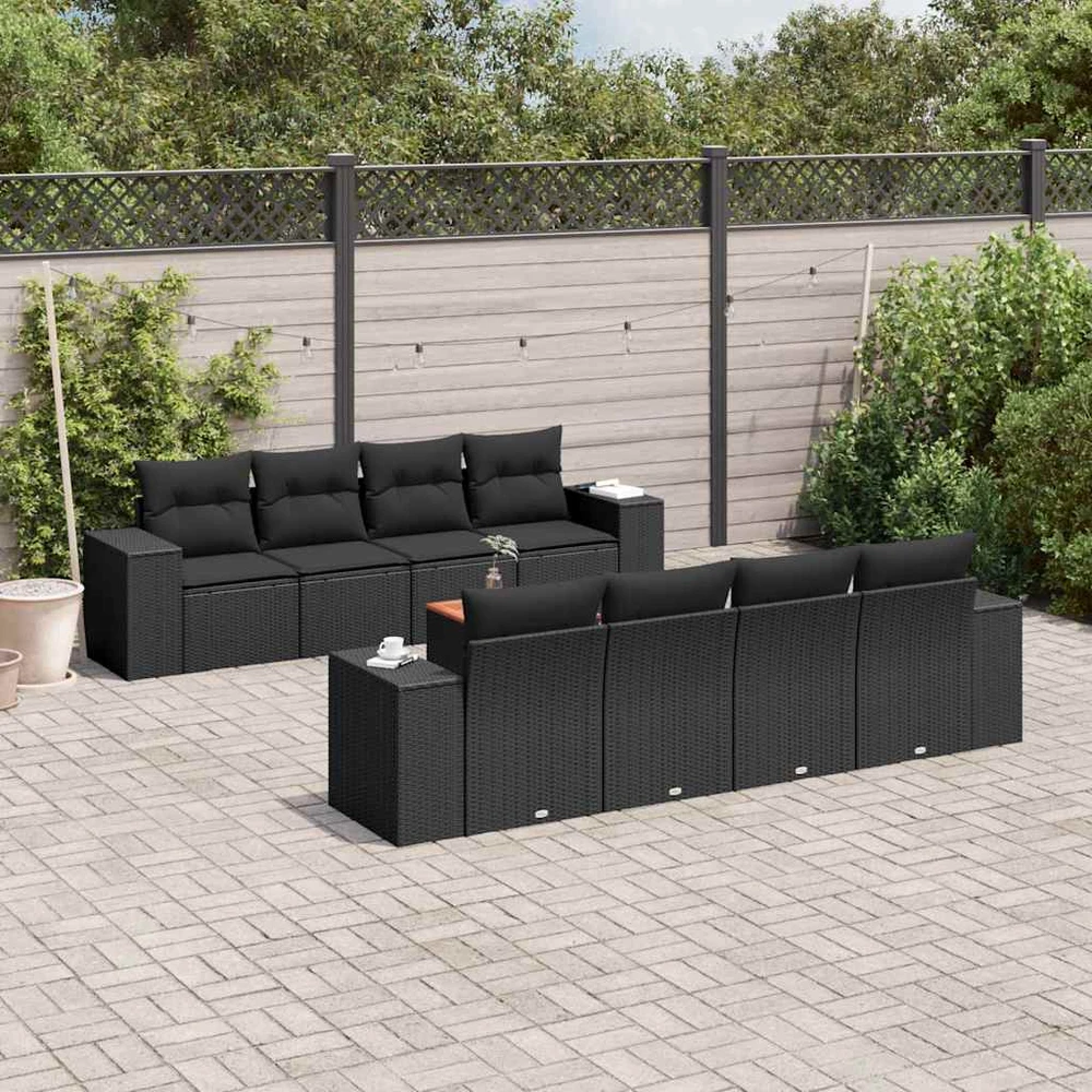 Sofa Sodo komplektas su pagalvėlėmis, 9 dalių, juodas, poliratanas