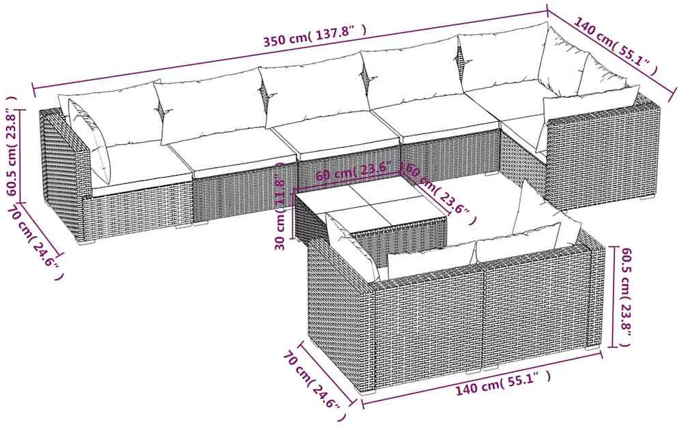 Lauko baldų komplektas Sodo komplektas su pagalvėlėmis, 9 dalių, juodas, poliratanas