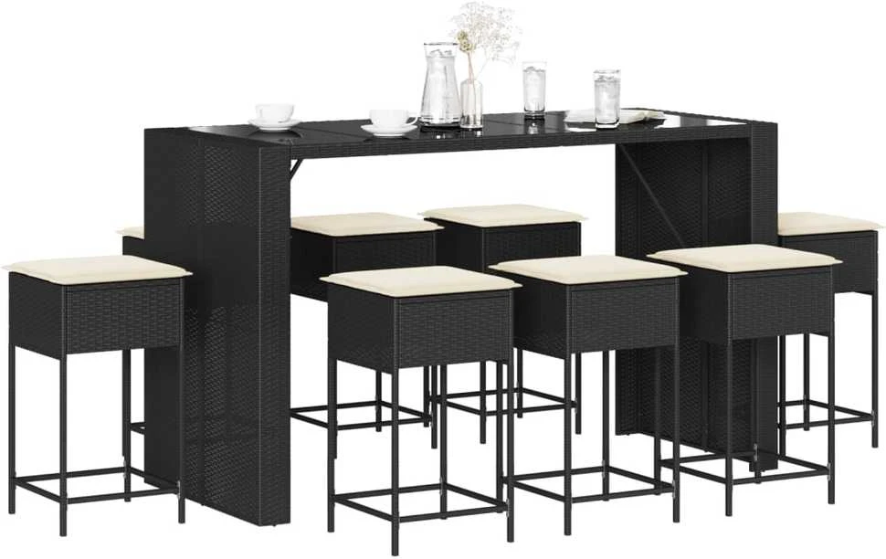 Lauko baldų komplektas Sodo komplektas su pagalvėlėmis, 9 dalių, juodas, poliratanas