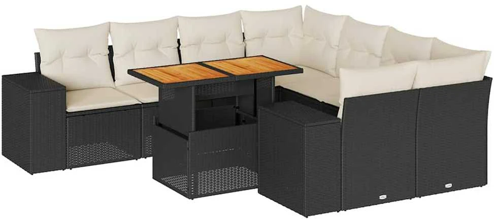 Sofa Sodo komplektas su pagalvėlėmis, 9 dalių, juodas, poliratanas