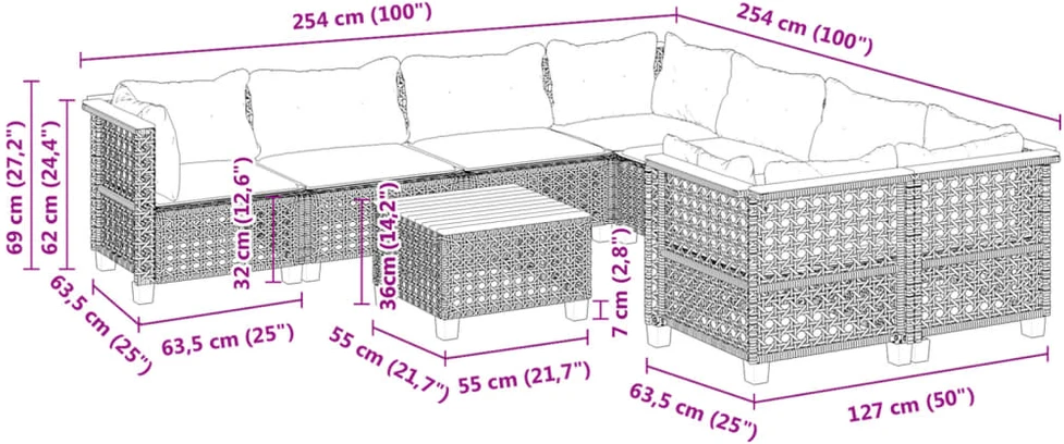 Lauko baldų komplektas Sodo komplektas su pagalvėlėmis, 9 dalių, juodas, poliratanas