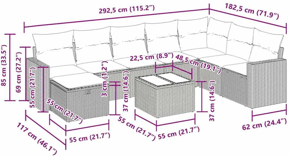 Sofa Sodo komplektas su pagalvėlėmis, 9 dalių, juodas, poliratanas