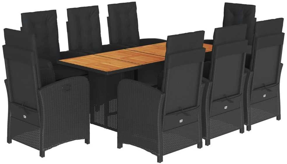 Lauko baldų komplektas Sodo komplektas su pagalvėlėmis, 9 dalių, juodas, poliratanas