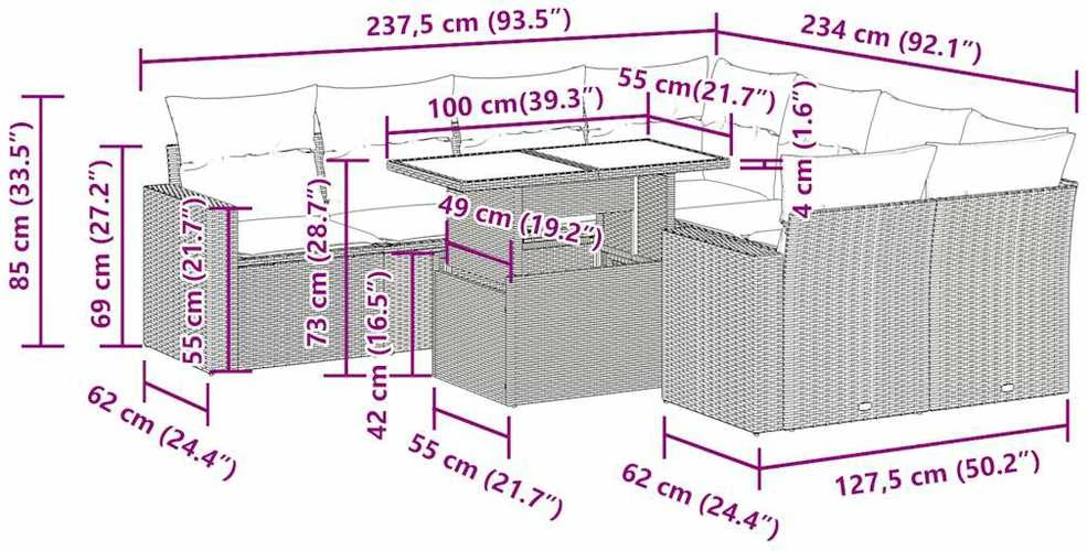 Lauko baldų komplektas Sodo komplektas su pagalvėlėmis, 9 dalių, smėlio, poliratanas