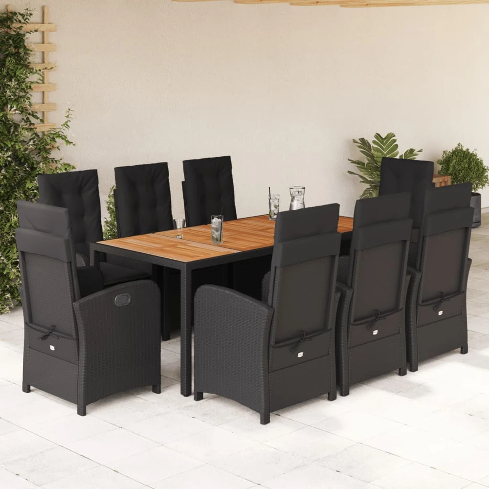 Sofa Sodo komplektas su pagalvėlėmis, 9 dalių, juodas, poliratanas