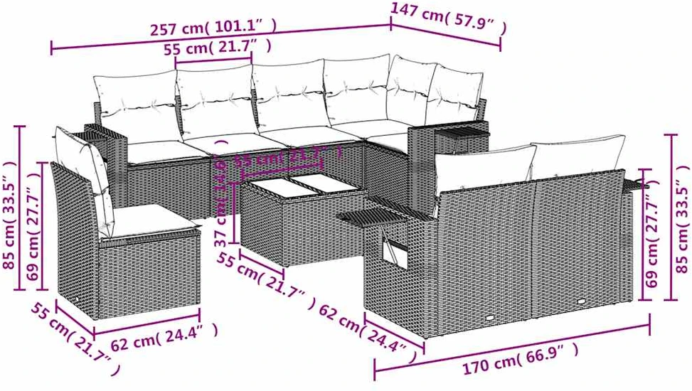 Sodo komplektas su pagalvėlėmis, 9 dalių, juodas, poliratanas