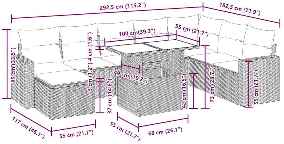 Lauko baldų komplektas Sodo komplektas su pagalvėlėmis, 9 dalių, poliratanas/akacija