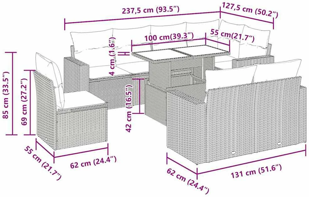 Lauko baldų komplektas Sodo komplektas su pagalvėlėmis, 9 dalių, smėlio, poliratanas