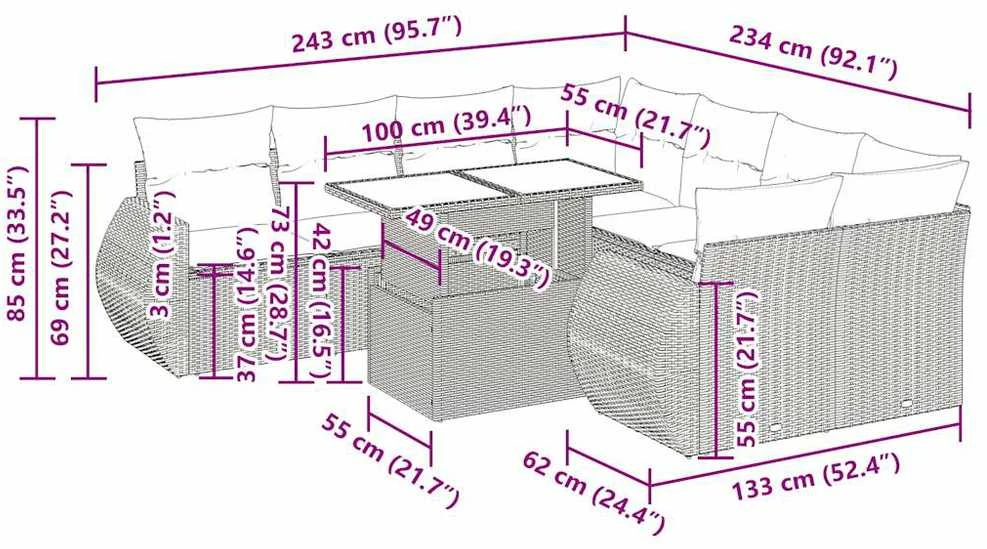Lauko baldų komplektas Sodo komplektas su pagalvėlėmis, 9 dalių, smėlio, poliratanas