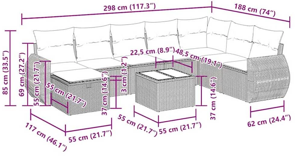 Lauko baldų komplektas Sodo komplektas su pagalvėlėmis, 9 dalių, rudas, poliratanas