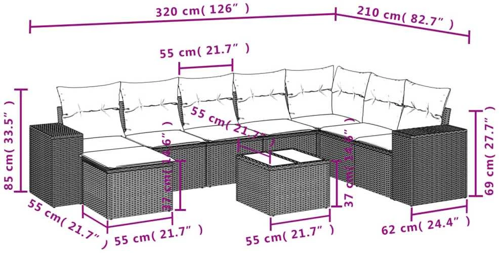 Lauko baldų komplektas Sodo komplektas su pagalvėlėmis, 9 dalių, smėlio, poliratanas