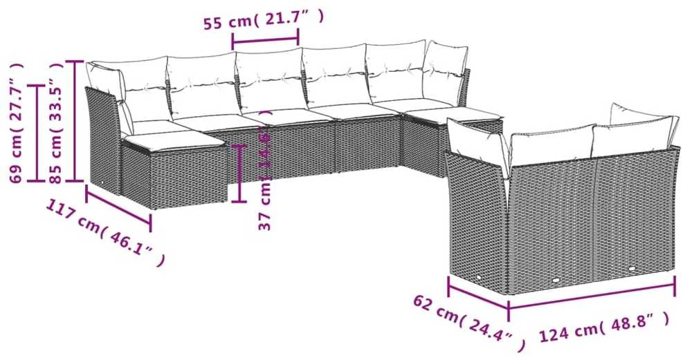 Sofa Sodo komplektas su pagalvėlėmis, 9 dalių, smėlio, poliratanas