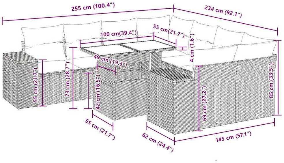 Lauko baldų komplektas Sodo komplektas su pagalvėlėmis, 9 dalių, smėlio, poliratanas