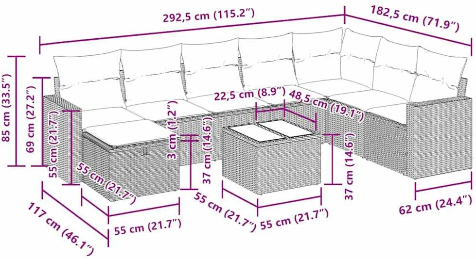 Sodo komplektas su pagalvėlėmis, 9 dalių, rudas, poliratanas