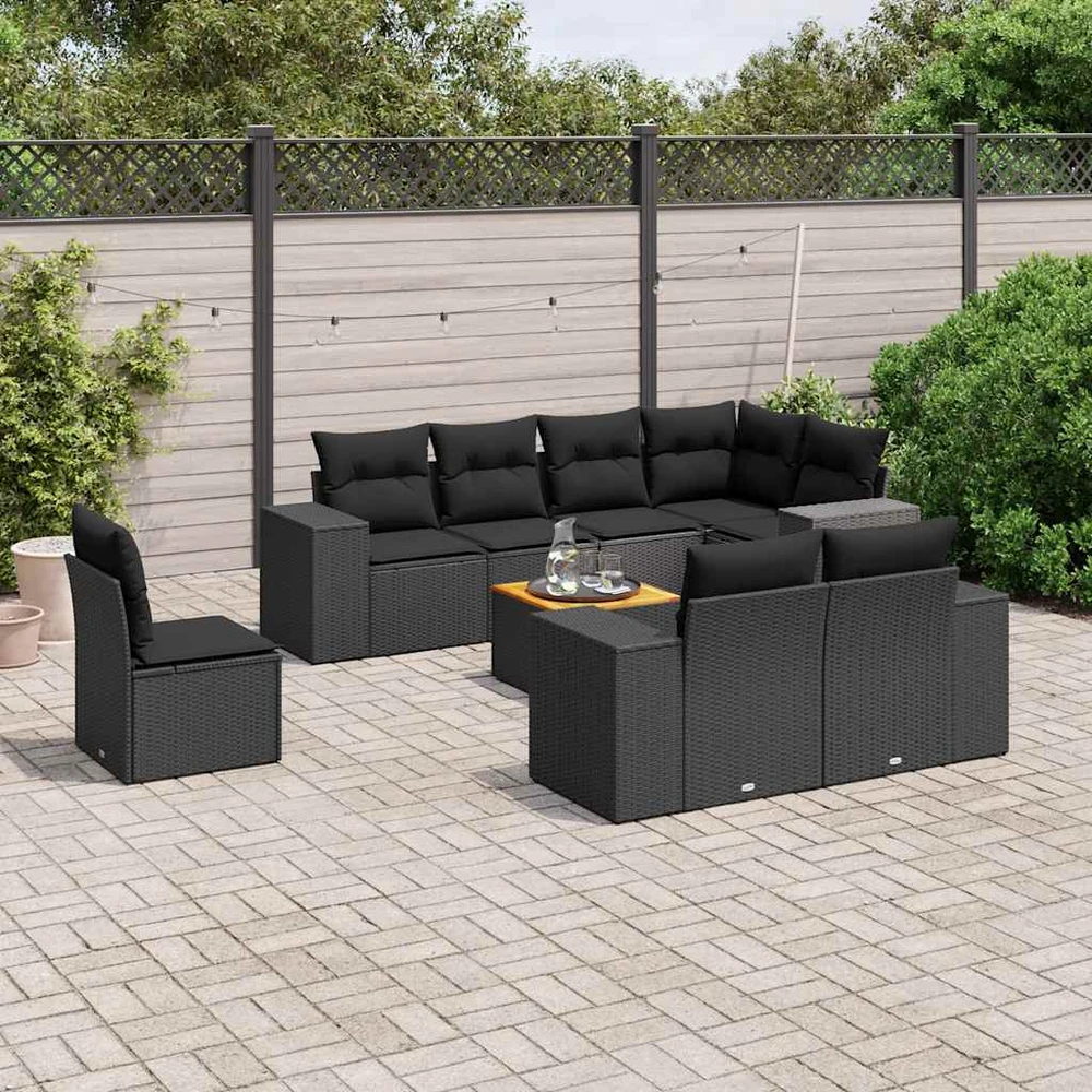 Sofa Sodo komplektas su pagalvėlėmis, 9 dalių, juodas, poliratanas