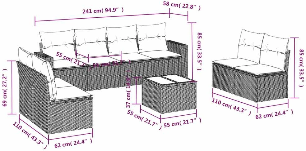 Sodo komplektas su pagalvėlėmis, 9 dalių, rudas, poliratanas