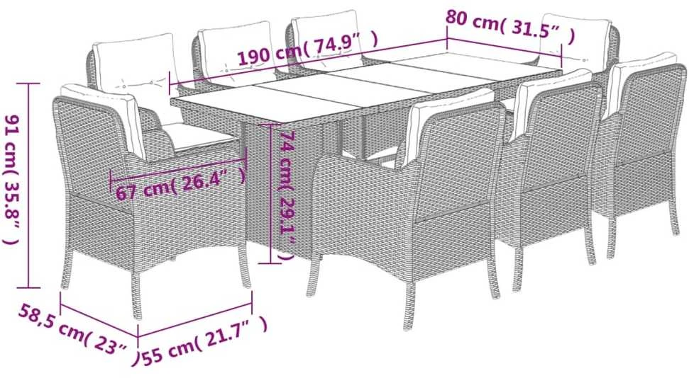 Lauko baldų komplektas Sodo komplektas su pagalvėlėmis, 9 dalių, juodas, poliratanas