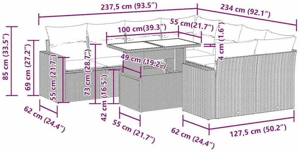Lauko baldų komplektas Sodo komplektas su pagalvėlėmis, 9 dalių, juodas, poliratanas