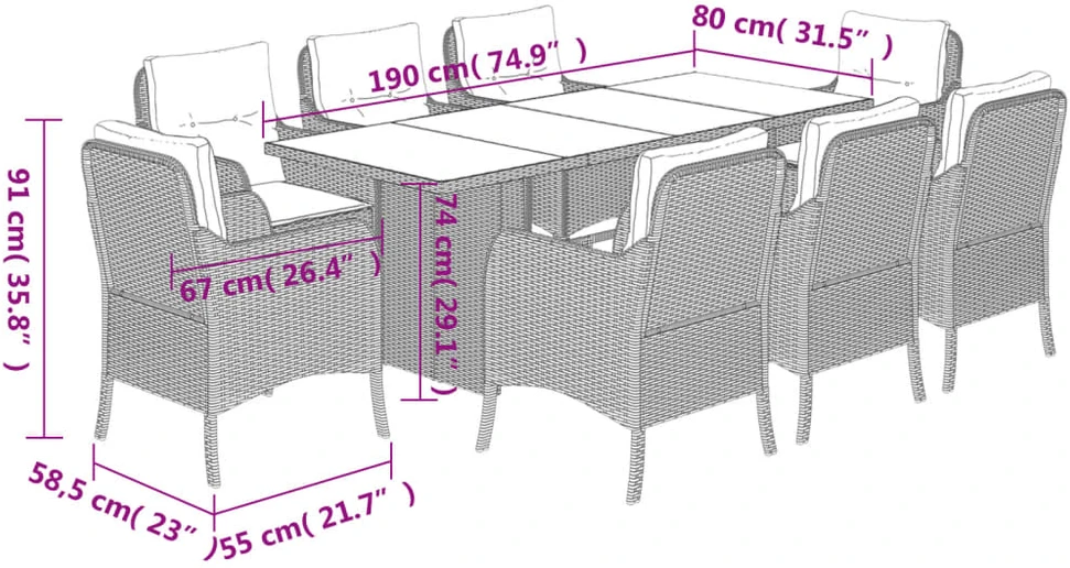 Lauko baldų komplektas Sodo komplektas su pagalvėlėmis, 9 dalių, juodas, poliratanas