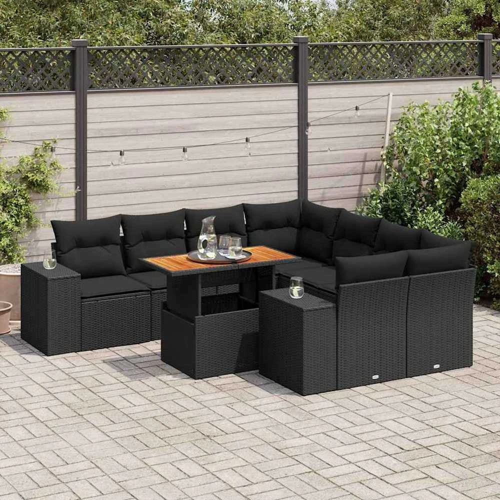 Sofa Sodo komplektas su pagalvėlėmis, 9 dalių, juodas, poliratanas