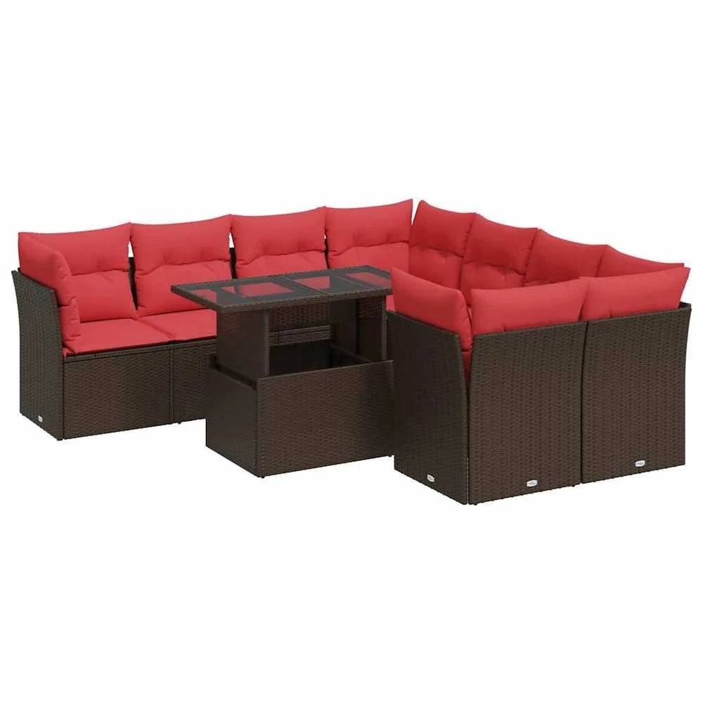 Sofa Sodo komplektas su pagalvėlėmis, 9 dalių, poliratanas/akacija