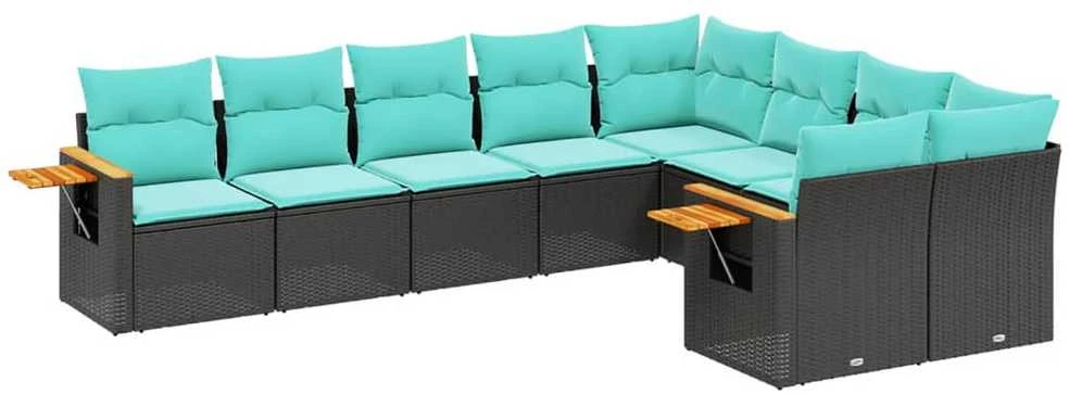 Sofa Sofos komplektas su pagalvėlėmis, 9 dalių, juodas, poliratanas