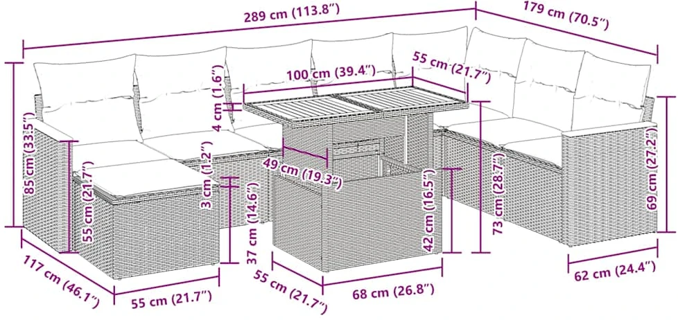 Sodo komplektas su pagalvėlėmis, 9 dalių, poliratanas/akacija
